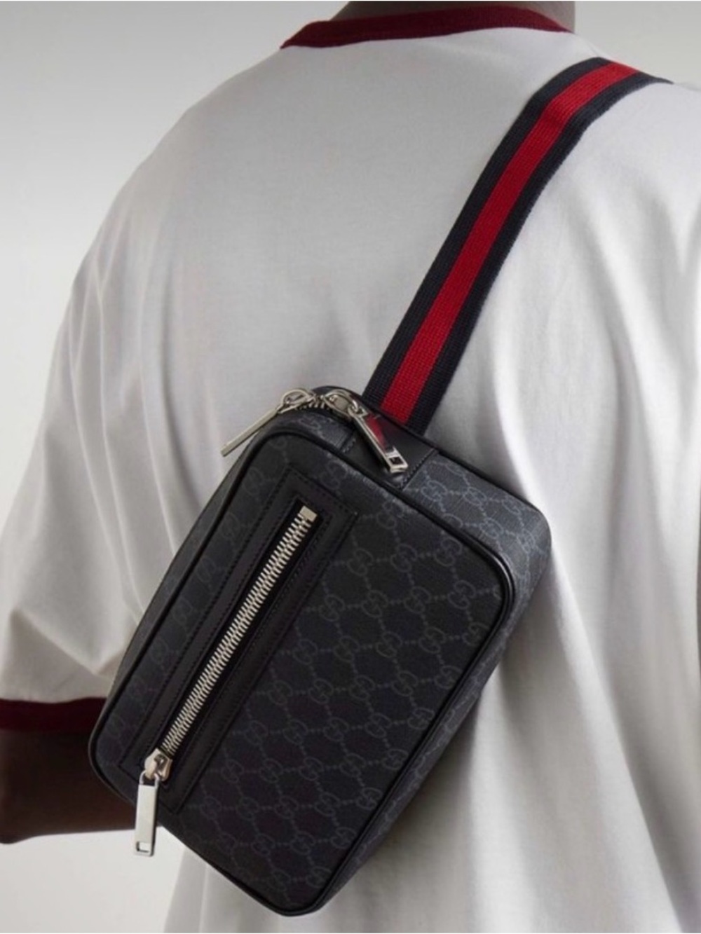 Gucci Black Monogram Crossbody Belt Bag with Red-Trim Strap